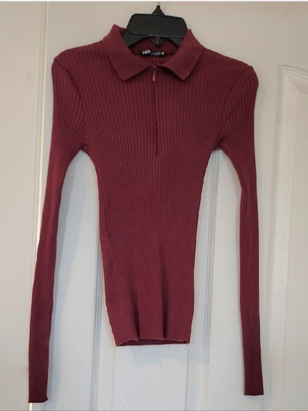 ZARA Maroon Ribbed Long Sleeve Top Size XS/S